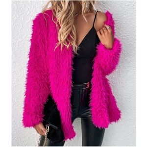Cozy Hot Pink Open Front Vegan Fur Jacket Coat XS S M L